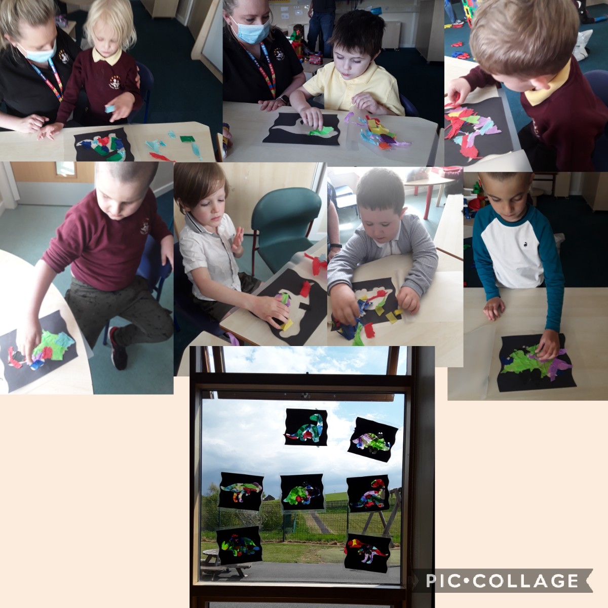 YsgolPenCoch's tweet photo. #purpleclass have been making stained glass windows in the shape of dinosaurs as we learn about the story Hide-a-saurus https://t.co/1aWsZOts0w