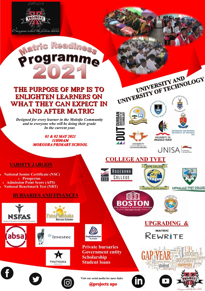 ProjectX_NPO's tweet image. 🚨🚨🚨🚨
That time has arrived!!!!!! Our annual MRP /MOAP has graced our shores
⌚: 01-02/04/2021 11h00
🏡:@Mokgoba Primary School
#mrp2021 #matrix2021 #MRP2021 #MOAP2021
#imagineWhatTheFutureHolds #classof2021
Bigger and better!!