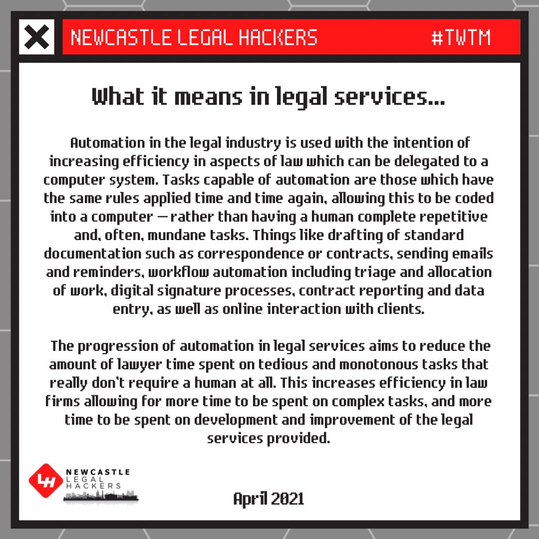 April’s Tech Word of The Month ‘Automation’! Make sure to follow us across our social medias to keep up to date with the Newcastle Legal Hackers! #TWTM #legaltechnology 

Instagram: @newcastlelegalhackers
Twitter: <a href="/NCLegalHackers/">Newcastle Legal Hackers</a>
LinkedIn: linkedin.com/in/nclegalhack…