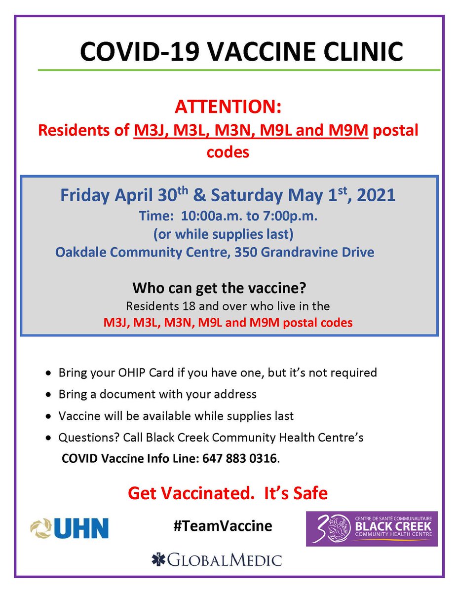 [ON] DOWNSVIEW ARENA IS FULL. 

18+ RESIDENTS of M3J M3L M3N M9L M9M can go to Oakdale Community Centre at 350 Grandravine Drive today as they have tons of vaccine.

x.com/HRHospital/sta… #COVID19 #COVID19Vaccine #COVID19ON #vhcON