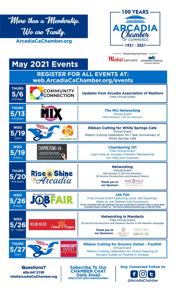 MARK YOUR CALENDARS!
May will be here tomorrow!  It’s going to be a great month for networking and community!

Register for our events here &gt; web.ArcadiaCaChamber.org/events