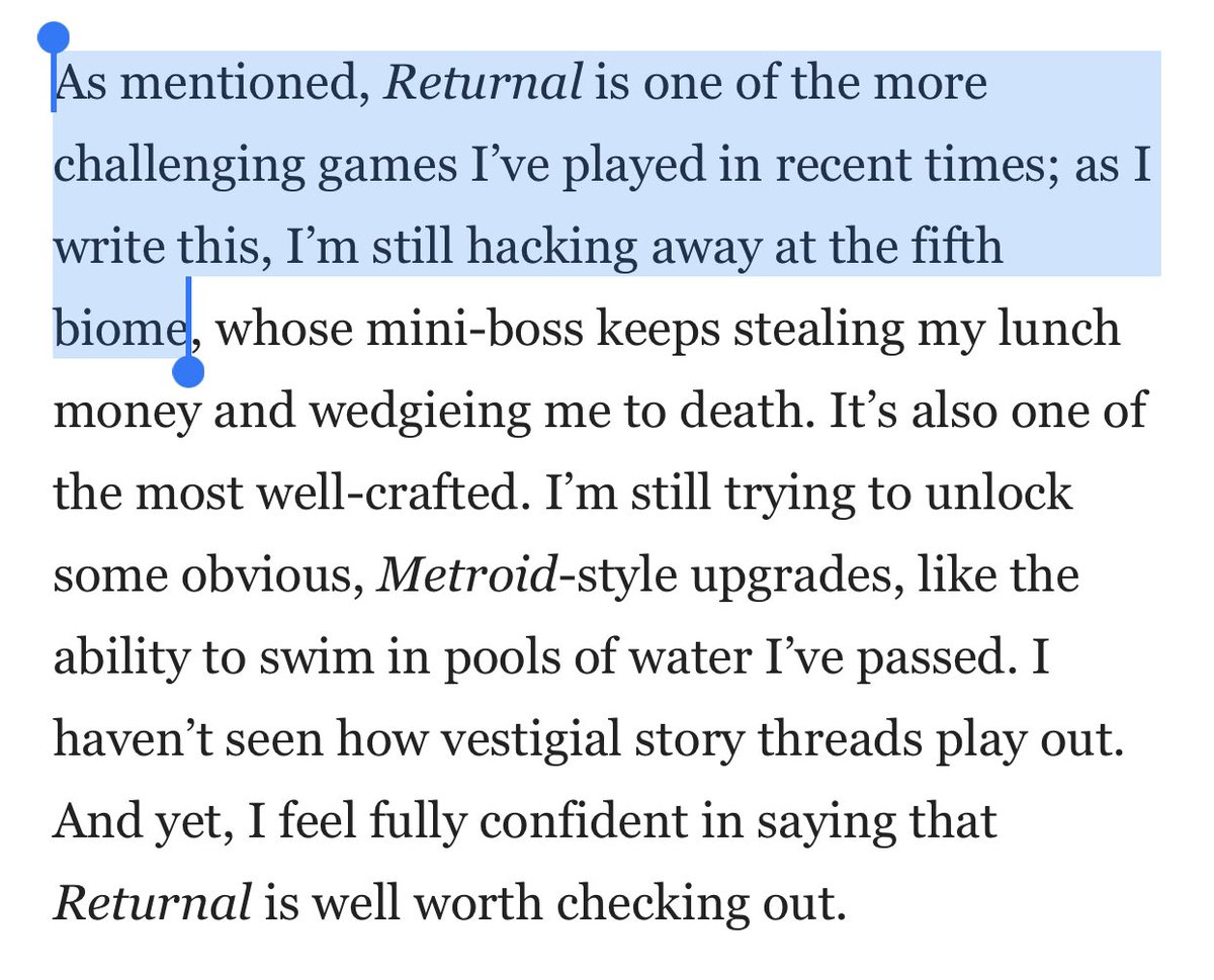 This Kotaku review of Returnal is nuts. First off, the bat creatures telegraph the move by glowing, & if you shoot em they dont dash. But also, what he did in 33hrs I did in my 10hr stream. Im already at the biome he’s still stuck inWhy are these the ppl getting review codes   https://twitter.com/sophnar0747/status/1388155930718650369