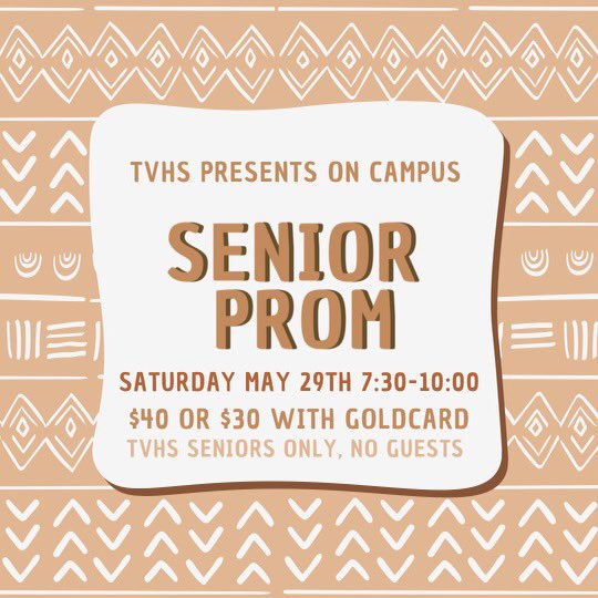 Hey class of 2021 bears! Senior prom is right around the corner. Come celebrate with us on Saturday May 29th 7:30-10 on campus! Join us for some great photo opps, games, food, silent DJ, and few more surprises we have up our sleeve. Tickets on sale on the TVHS webstore now!