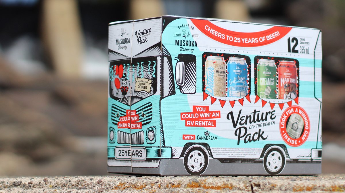 MuskokaBrewery's tweet photo. Celebrating #25YearsOfBeer! And in true venture off the beaten pa(ck) fashion, we're honouring this milestone with a stay-cay giveaway! Win 1 of 8 @CanaDreamRV Camper Van Rentals when you find a WINNING SILVER CAN in our specially marked Venture Packs! https://t.co/Wd3lrDcg3D