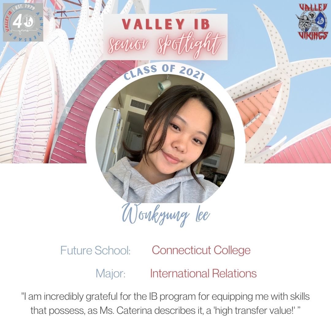 Here’s a new senior spotlight, Wonkyung Lee! We loved seeing her at the EE showcase yesterday presenting her topic and research! ✨✨
<a href="/MrMagness/">Mr. Magness, NBCT</a> @Valley_Vikings <a href="/Valley_Magnet/">Valley Magnet</a> <a href="/CCSDMagnet/">CCSD Magnet Schools</a> 

Want to be featured on the next spotlight? Fill out our form at tinyurl.com/vhsIBcollege