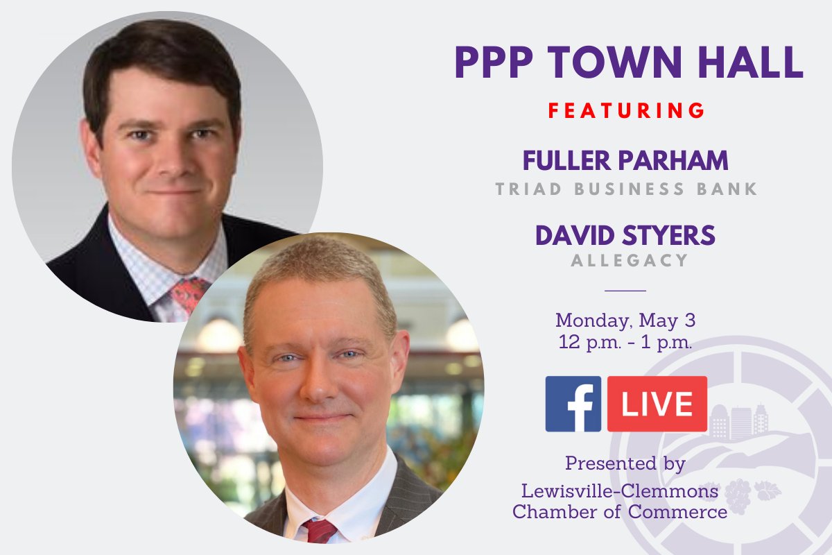 lccchamber's tweet photo. Join us for a virtual #PPP town hall on Monday, May 3, at noon. Fuller Parham with #TriadBusinessBank and David Styers with @Allegacy will share the latest information and answer your questions live!

👉 https://t.co/ydjwzgqQHk

#ppploans
#pppforgiveness
#pppextension https://t.co/gsLPENn3oB