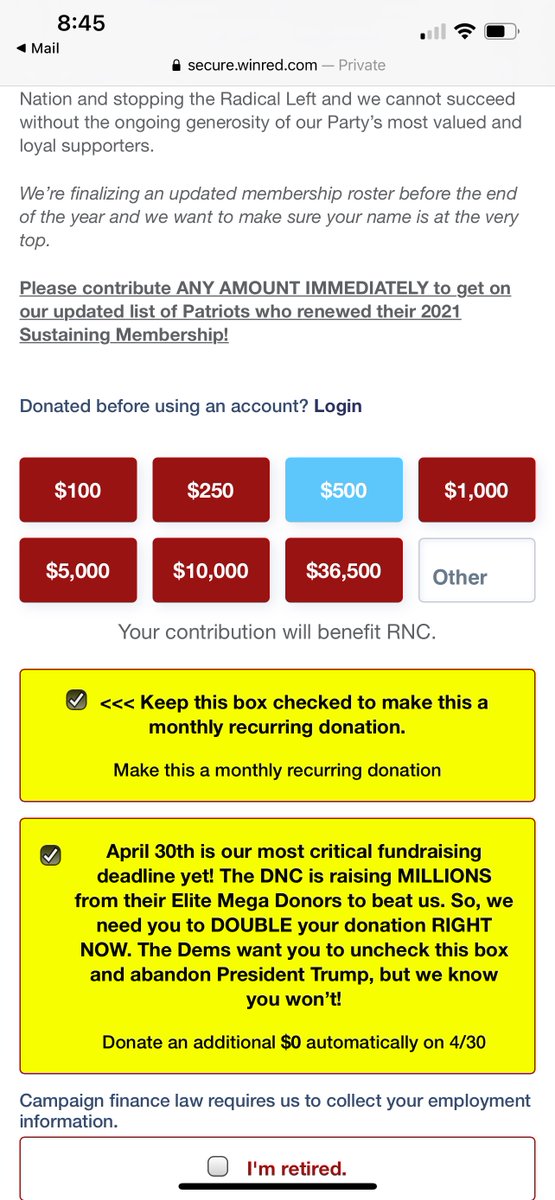 RNC email asking for campaign contributions defaults to $500, repeating monthly, with check box to double contribution also on by default. How exactly is this not illegal?