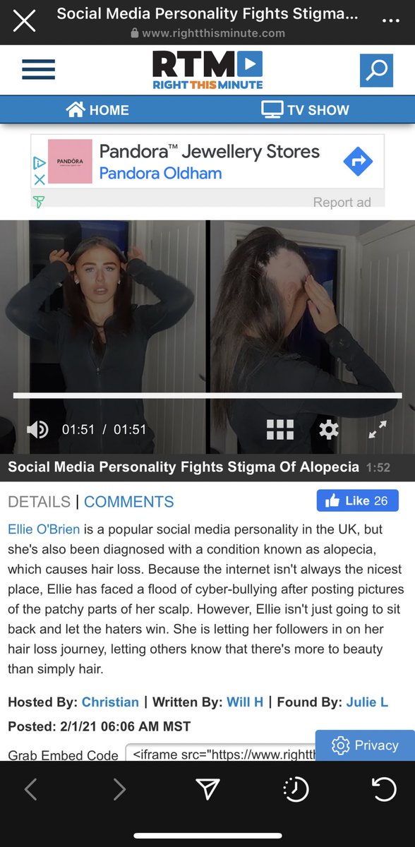 elliemaeob1's tweet image. Check out my link! I was featured on @RightThisMinute trying to remove the stigma on alopecia 💙 rightthisminute.com/video/social-m…