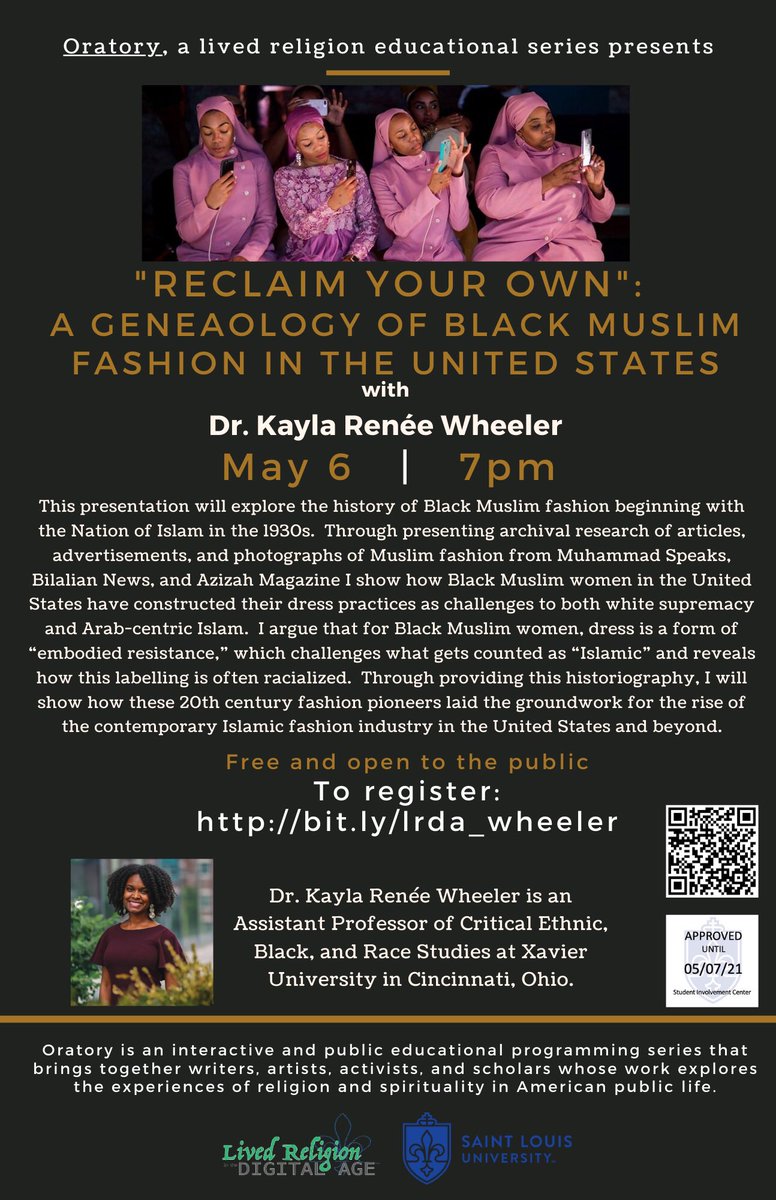 Delighted to host Dr. Kayla Wheeler *next Thursday, May 6* at 7pm CDT for the final event in our inaugural Oratory Series!

“Reclaim Your Own”: A Genealogy of Black Muslim Fashion in the  U.S.

Registration for this virtual event is free and open to all: bit.ly/lrda_wheeler