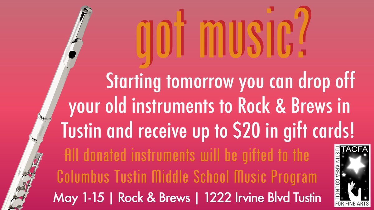 Have you heard?
Starting tomorrow you can drop off your old instruments to Rock &amp; Brews in Tustin and get up to $20 in gift cards!

#rockandroll #donation #band #orchestra #helpingothers