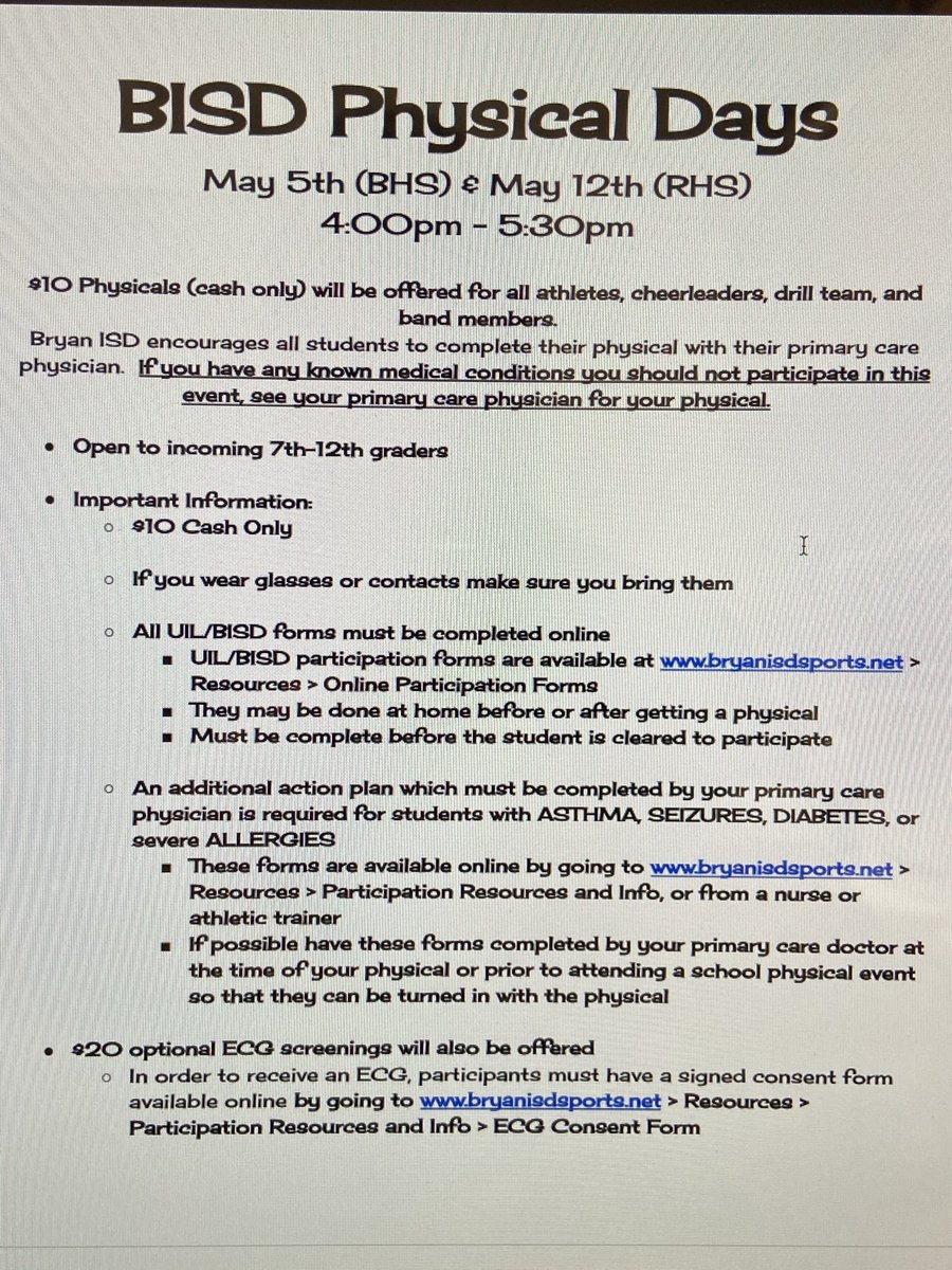 Attention RHS student athletes. We will be having our physical day at RHS on May 12th. If you can't make it that day, BHS will host theirs on May 5th. New physical forms available in the athletic training room. Refer to the flyers for more info. <a href="/RudderSports/">RudderSports</a>