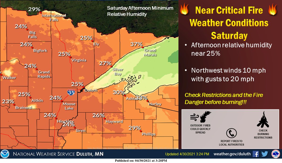 Near critical fire weather conditions are expected on Across across northwest Wisconsin and northeast Minnesota. Check restrictions and the fire danger before burning!! #firewx #mnwx #wiwx https://t.co/2qhNYqNld9
