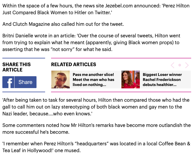 Did we mention Perez Hilton is also racist? Back in 2014, he posted a racist tweet that was widely seen as likening black women to Hitler.  #FreeBritney