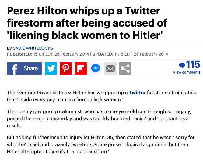 Did we mention Perez Hilton is also racist? Back in 2014, he posted a racist tweet that was widely seen as likening black women to Hitler.  #FreeBritney