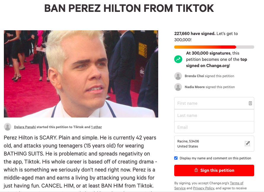 Luckily, a petition with over 225,000 signatures helped get Perez Hilton permanently banned from Tik Tok.  #FreeBritney