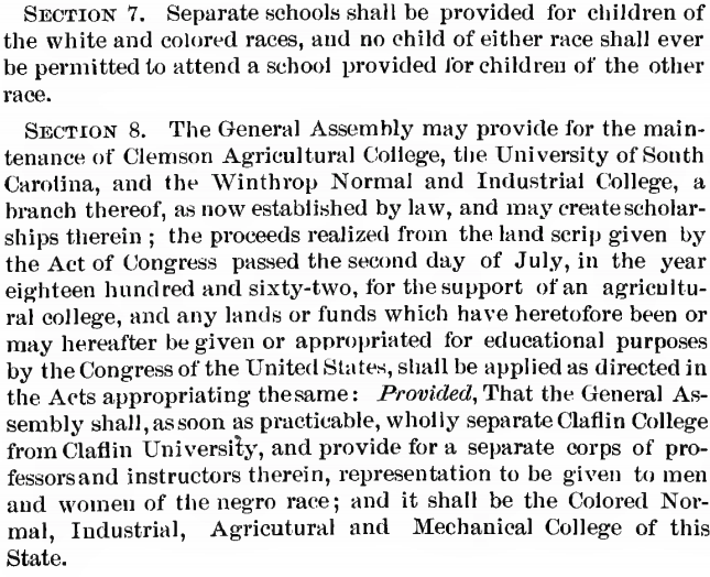 Covenants were different from States taking Black taxpayers' money and using it to educate white children. For instance, SC didn't have a state university for Black people until the FEDERAL government did itHere's the SC Constitution: