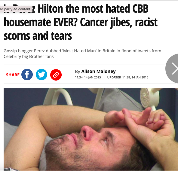 And on Celebrity Big Brother, Perez was labeled the "most hated housemate EVER" after he compared a fellow contestant to cancer, wrongly accused someone of a racial slur and burst into tears at the slightest thing.  #FreeBritney