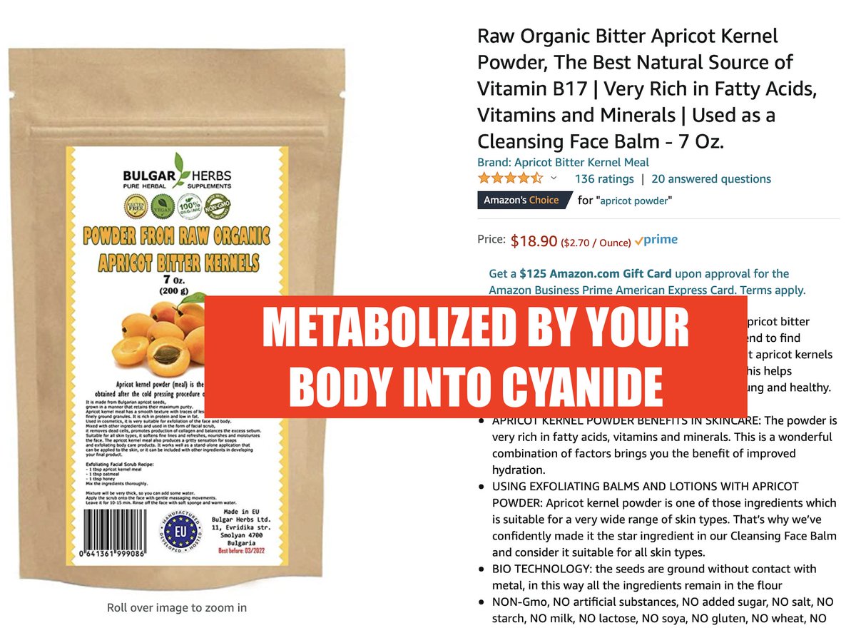 Amazon has a poisonous quackery problem. Time to call it out. #1 "Apricot kernel powder" is anti-cancer quackery.It is converted by your body into... CYANIDE. Make a smoothie & get poisoned.Lots of it Amazon. Even an "Amazon's Choice"