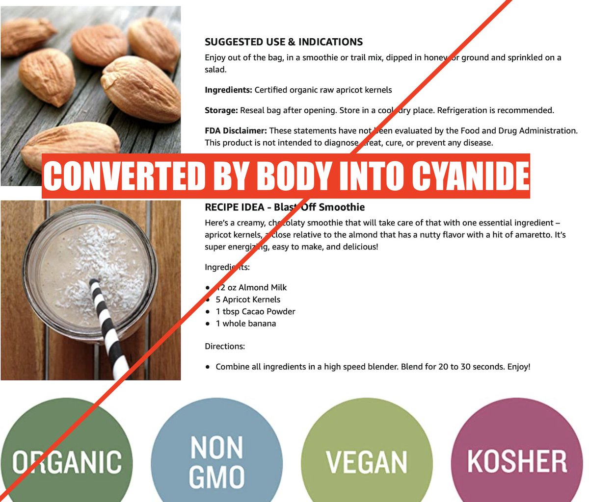 Amazon has a poisonous quackery problem. Time to call it out. #1 "Apricot kernel powder" is anti-cancer quackery.It is converted by your body into... CYANIDE. Make a smoothie & get poisoned.Lots of it Amazon. Even an "Amazon's Choice"