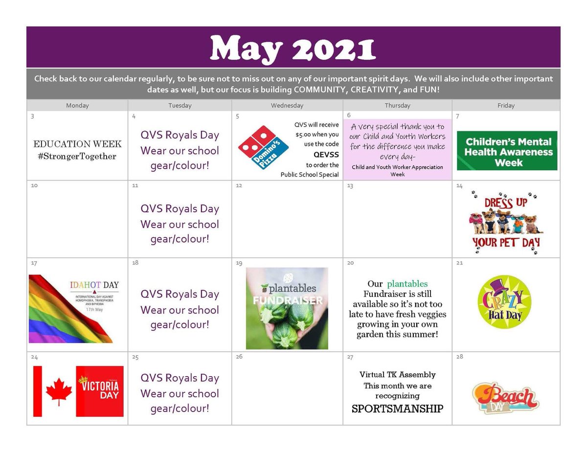 QVS Families- Here is what is going on for May!  We would love to see some pictures for our spirit days, so please share with your teacher or here.  We may not all be together in person, but we can still show our QVS spirit!