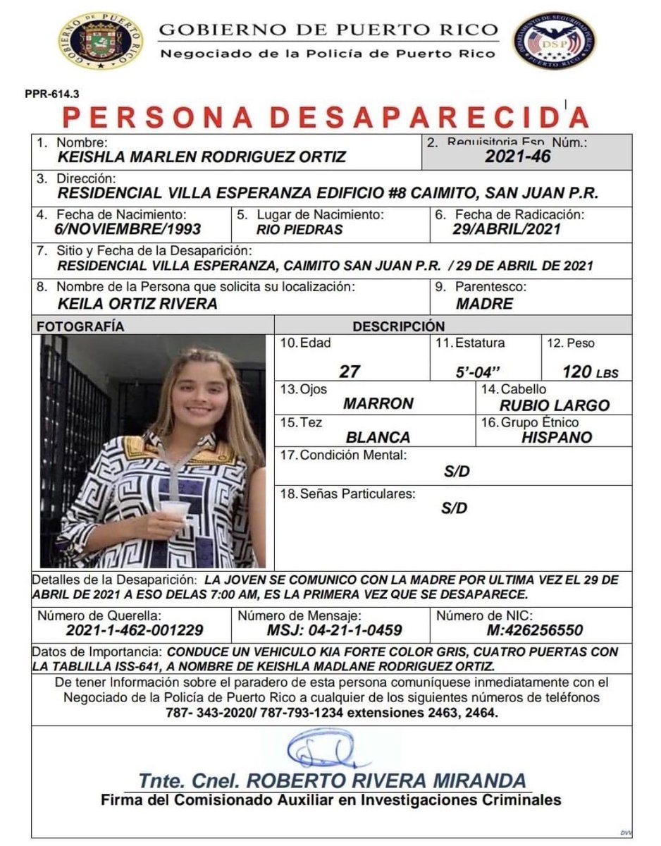 Please retweet! Her name is Keishla Marlen Rodriguez Ortiz (27) & she’s missingHeight is 5’4, weighs 120, skin color is white, has long blonde hair with brown eyes.Last seen was in San Juan, P.R.If you have any information please call 787-343-2020 or 787-793-1234 ext.2200