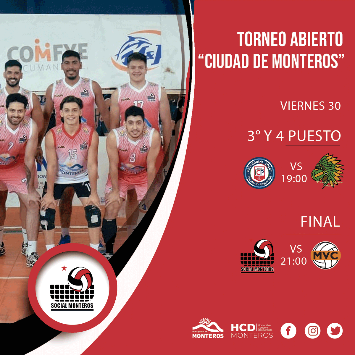 SocialMonteros's tweet photo. #CopaCiudadDeMonteros Se juega la segunda y última jornada del torneo en Monteros en el "Infierno Rojo" 👹

🏐 Los partidos

✅ 3° y 4° Tehuelches Voley vs Pellegrini Voley
✅ Final: Club Social Monteros vs Monteros Vóley Club

🔴 #JuegueElClub #VamosSocial https://t.co/Gmf3nP1qYh