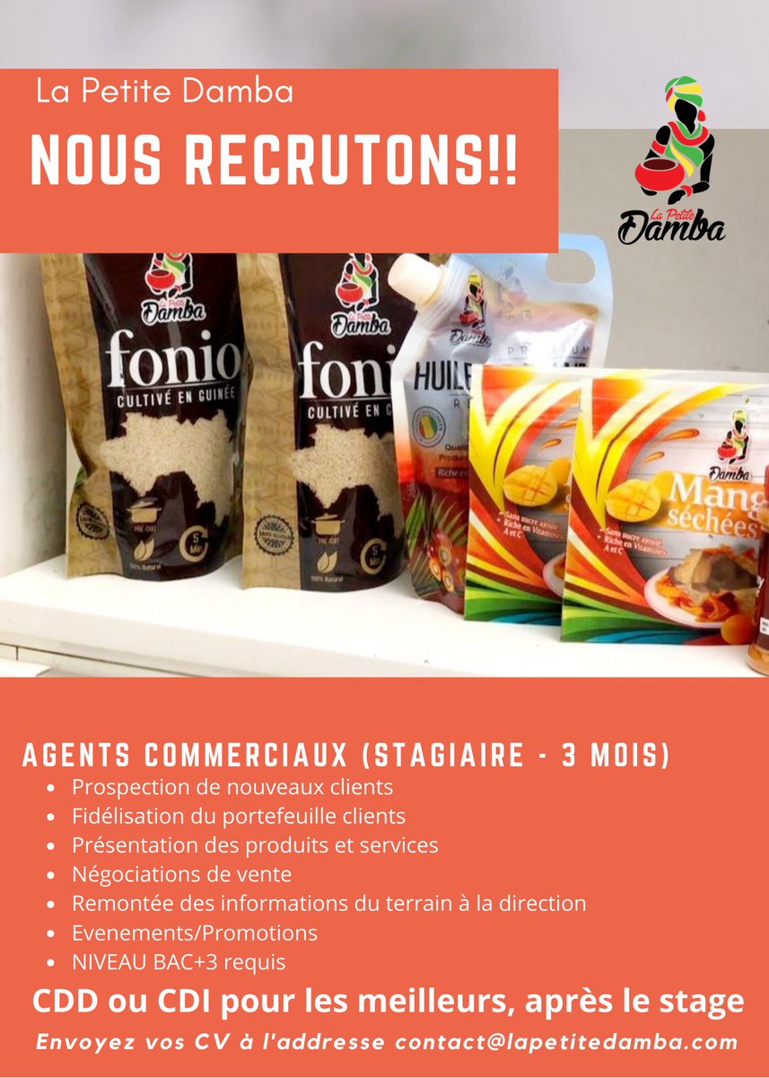 lapetitedamba's tweet photo. 👨🏾‍💼👩🏾‍💼Démarrez votre carrière et venez travailler avec nous. 👷🏾‍♀️👷🏾‍♂️ ❤️💛💚
Nous recherchons des agents commerciaux (Stagiaires) pour renforcer notre équipe.

Envoyez les CV: 📧 contact@lapetitedamba.com

Partagez!!! https://t.co/5pFSj644ew