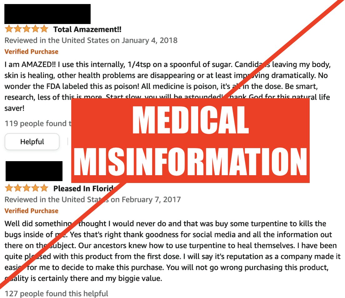 #2: Drinking paint thinner. Turpentine is poison. Can cause brain & kidney damage, coma, death.It is a also quack cancer etc. cure. Yet plenty of it is clearly being sold in "food grade" form, recommended & drunk.Again, there's even an "Amazon's choice"