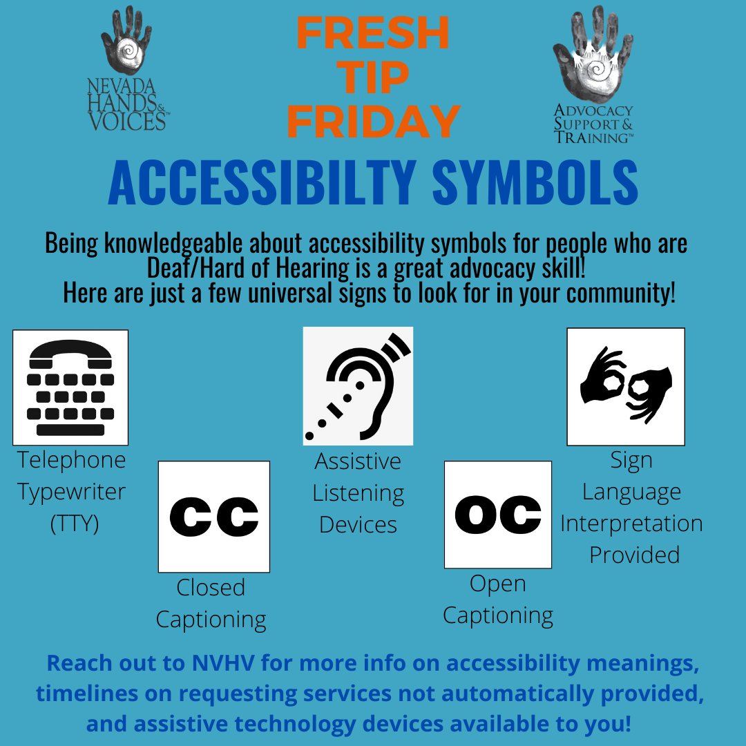 NVHandV's tweet image. Most people know the universal symbol for♿️but do you know what the accessibility symbols are for people who are Deaf/Hard of Hearing? This "Fresh Tip" explains a more on a few of the symbols and their meanings. Reach out for more on how these symbols can help your family!