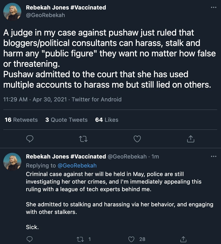 Fresh off a judge rejecting her baseless peace order complaint, Rebekah Jones commits libel and claims "Pushaw admitted to the court that she has used multiple accounts to harass me"Pushaw did not admit this, because it was not true.