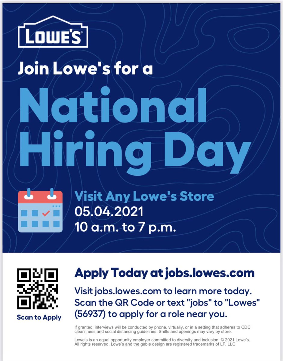 CGovitz's tweet photo. OPEN INTERVIEWS 5/4 at all Lowe’s store 10 AM - 7 PM. On the spot offers. Competitive pay 💰 Benefits 💪🏼 Growth Opportunities 📈 https://t.co/NkiCJERnkV