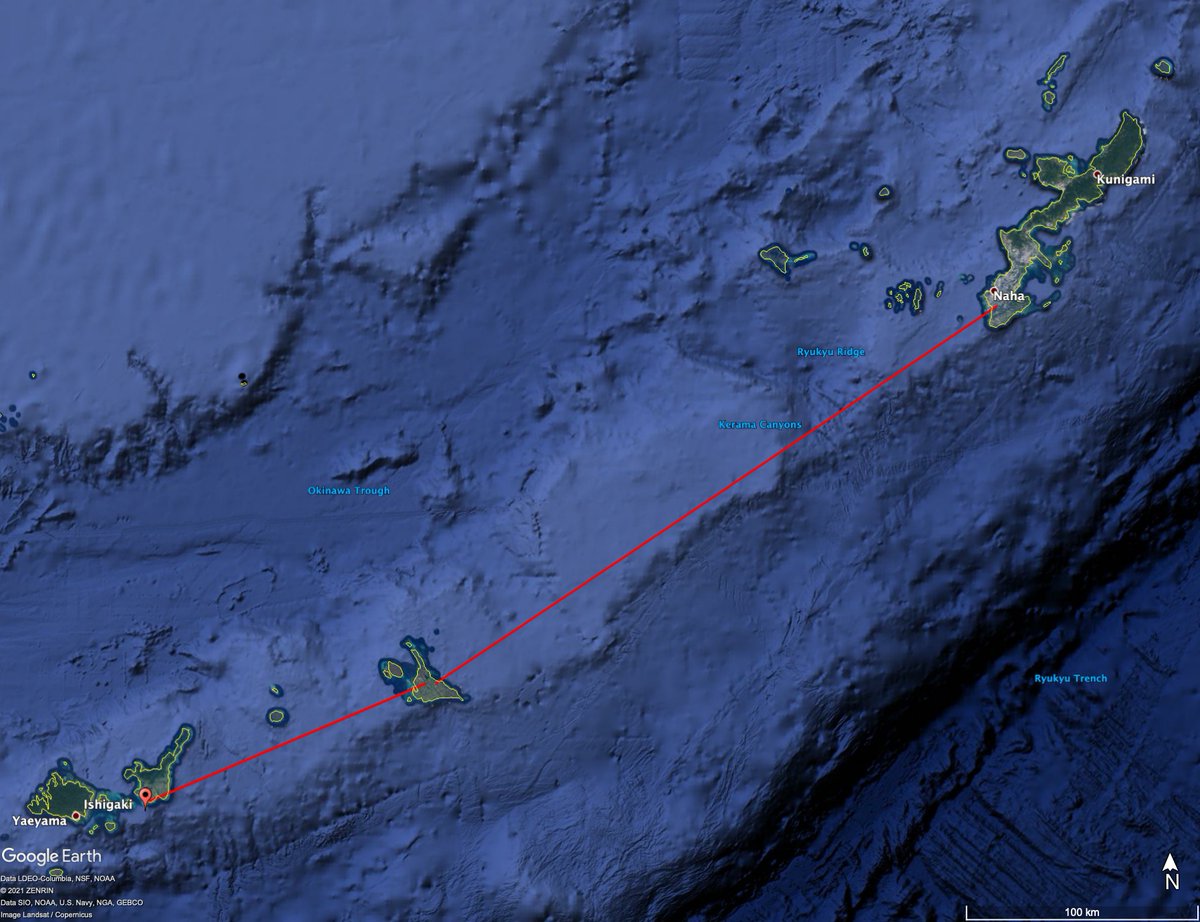 From there, it's only about 70 NM to Miyakojima, and thence about 150 NM from there to the main island of Okinawa, with its many port facilities and airfields.