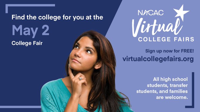 Natl Association for College Admission Counseling (@nacac) on Twitter photo Students & families are invited to meet & live chat with admissions staff at 600+ colleges and universities this Sunday, May 2. It's the last virtual college fair of the season — don't miss out! Sign up today: virtualcollegefairs.org <a href="/NACACFairs/">NACAC College Fairs</a> Students & families are invited to meet & live chat with admissions staff at 600+ colleges and universities this Sunday, May 2. It's the last virtual college fair of the season — don't miss out! Sign up today: virtualcollegefairs.org <a href="/NACACFairs/">NACAC College Fairs</a>
