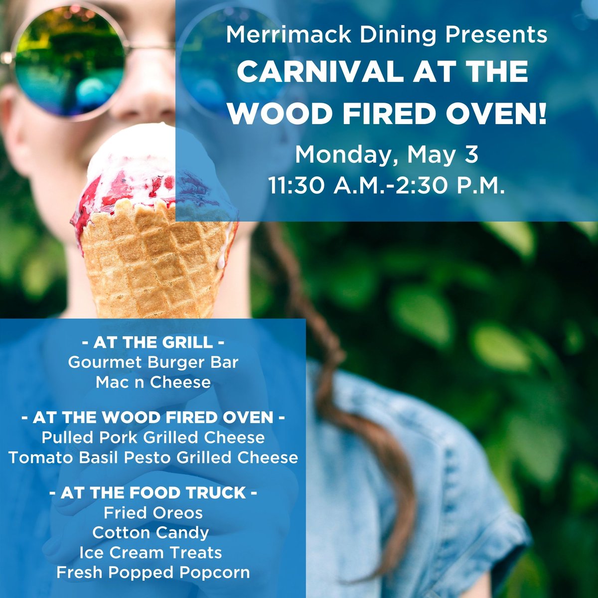 MerrimackDining's tweet photo. Hey Warriors, join us this Monday, May 3rd for a Carnival at the Wood Fired Oven! https://t.co/CGZrUZ1VXX