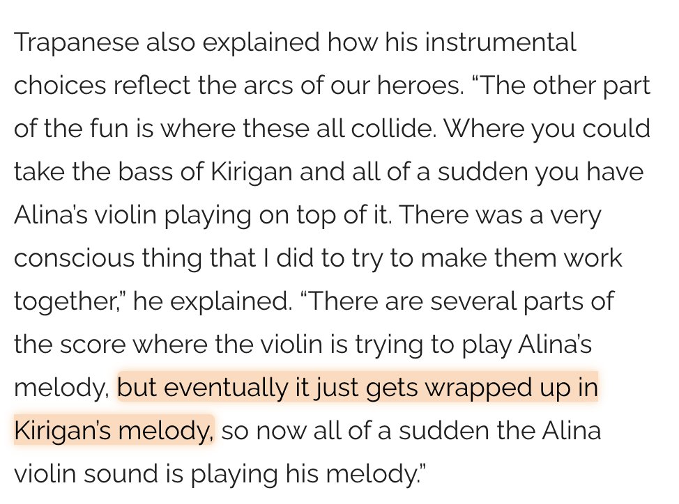 In the show, Alina's theme is the one on the violin and Kirigan's on the base. Here's something about making those choices and how both their themes mirror each other [okay keep the word "mirror image" in mind we'll get back to that]  #darklina