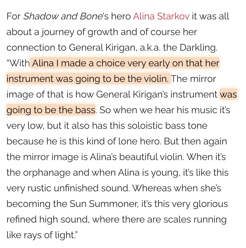 In the show, Alina's theme is the one on the violin and Kirigan's on the base. Here's something about making those choices and how both their themes mirror each other [okay keep the word "mirror image" in mind we'll get back to that]  #darklina