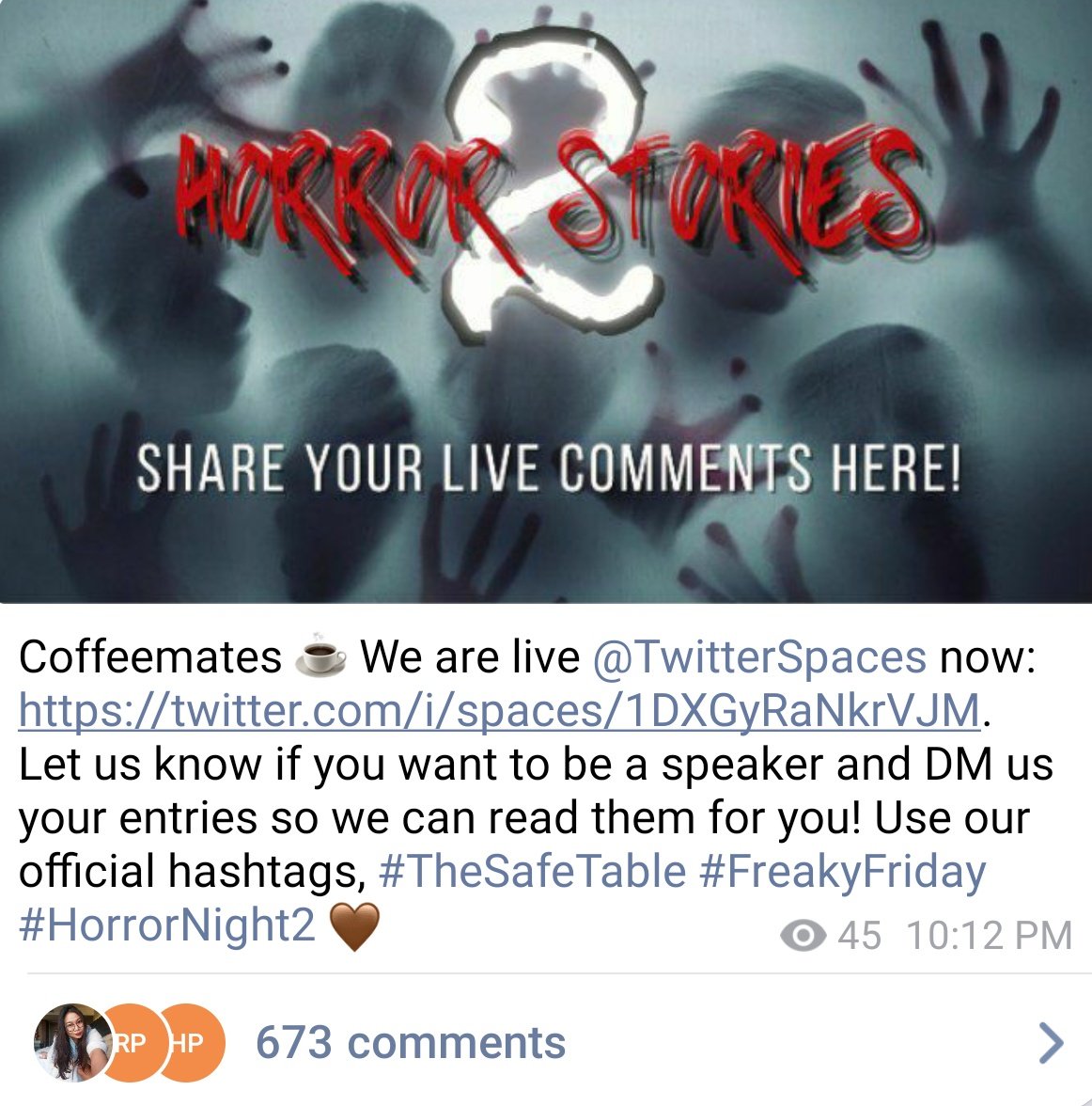 TheSafeTable's tweet photo. Coffeemates โ Thank you for joining us tonight @TwitterSpaces! We also thank our active listeners who shared their live comments at our Telegram Channel! Have a great weekend, everyone! See you next week! ๐ค๐ค๐ค #TheSafeTable #FreakyFriday #HorrorNight2 https://t.co/VZYVeETk01
