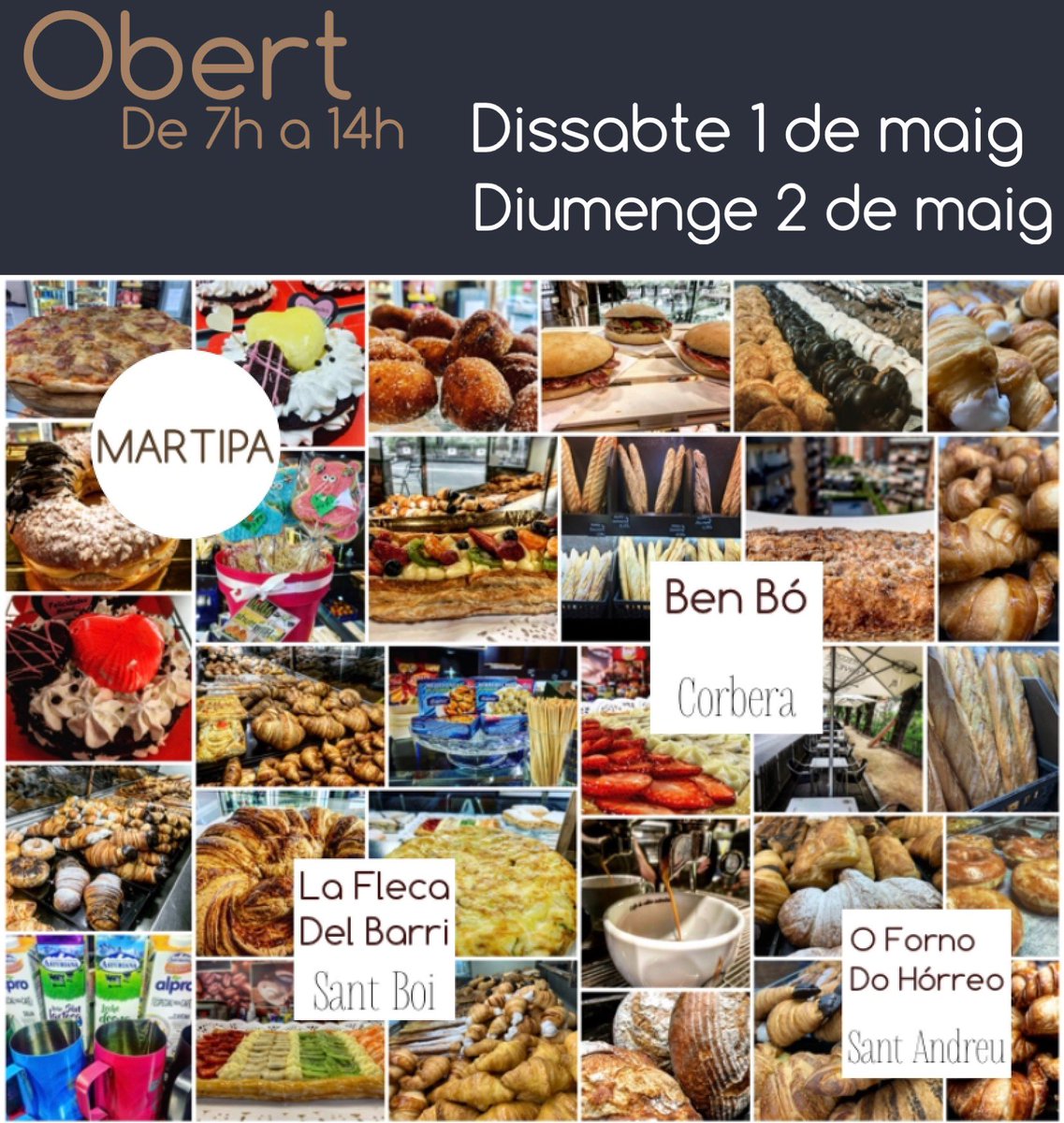 LaBarri's tweet photo. Recorda que obrim de 7h a 14h demà dissabte 1 de maig i diumenge 2 de maig

Vine a esmorzar, comprar alguna cosa dolça abans que desperti la família, buscar el pa acabat de fer, la tarta o les postres pel teu dinar, fer un vermut o regalar a la mare

Tot casolà i acabat de fer... https://t.co/q8fT6k9zPg