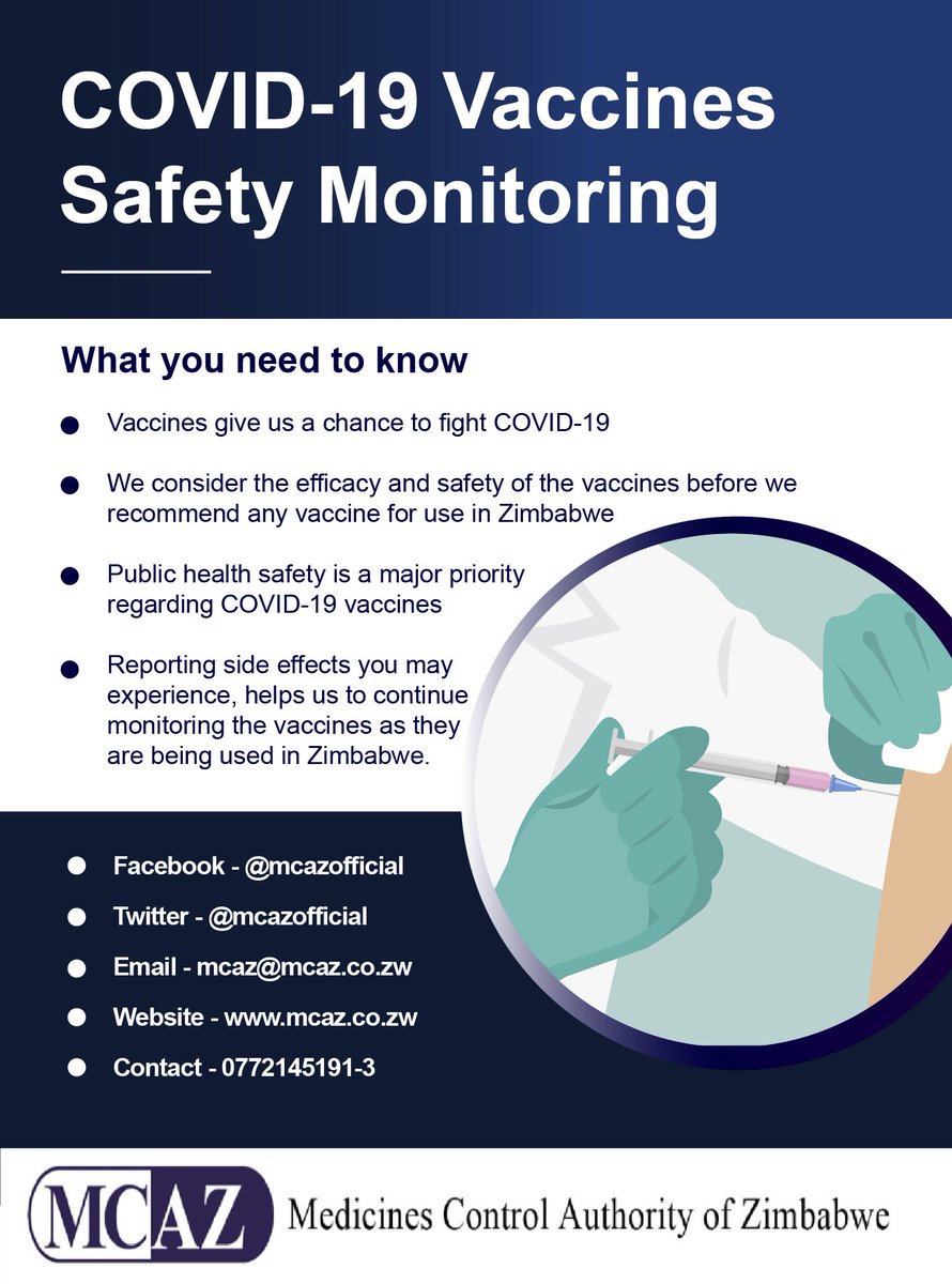 #COVID19Vaccines safety is our priority. 

If you experience any side effects following vaccination, speak to your healthcare provider. They will assist you to complete an adverse event following immunization (AEFI) form or help you submit a report through e-pv.mcaz.co.zw