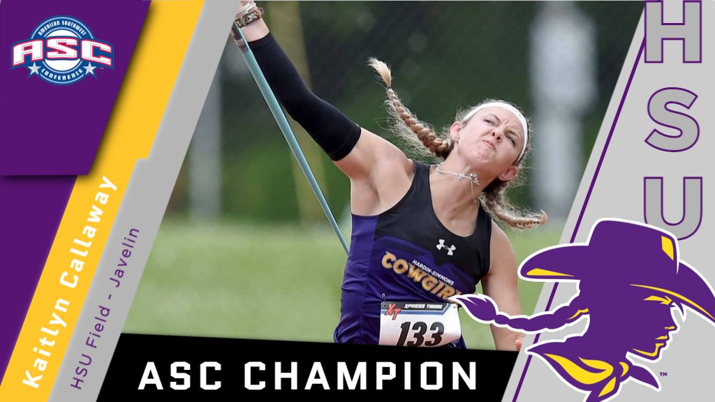 HSUAthletics's tweet photo. Kaitlyn Callaway is the American Southwest Conference Javelin Champion! Congratulations to Kaitlyn! #ASCfield #D3field https://t.co/i9YfqPePnY