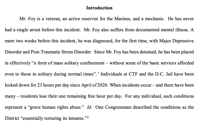 In a filing late last night, Foy’s team said trial "is nowhere in sight” and Foy is being held "effectively in harsh solitary confinement” conditions that have been described as a "grave human rights abuse.”  https://www.courtlistener.com/recap/gov.uscourts.dcd.227488/gov.uscourts.dcd.227488.21.0.pdf