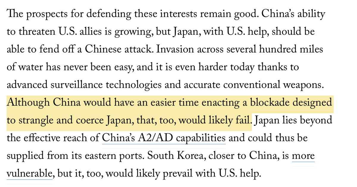 Dr. Glaser also assesses that, even if Japan could not be invaded, China would have difficulty coercing Japan via blockade. Again, with Taiwan—and potentially eventually Okinawa—in Chinese hands, I lack his confidence this would still be the case.