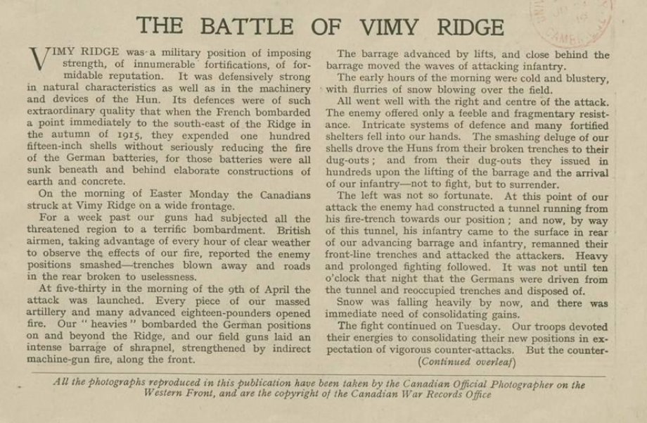 I spend most of my time analyzing how  #VimyRidge was represented in photographs, but every now and then I have to turn to text too.A few things to point out in this 1917 article from the Canadian War Pictorial 