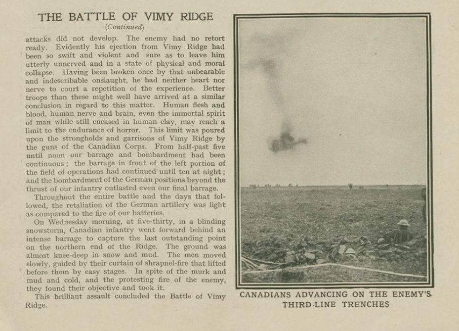 I spend most of my time analyzing how  #VimyRidge was represented in photographs, but every now and then I have to turn to text too.A few things to point out in this 1917 article from the Canadian War Pictorial 