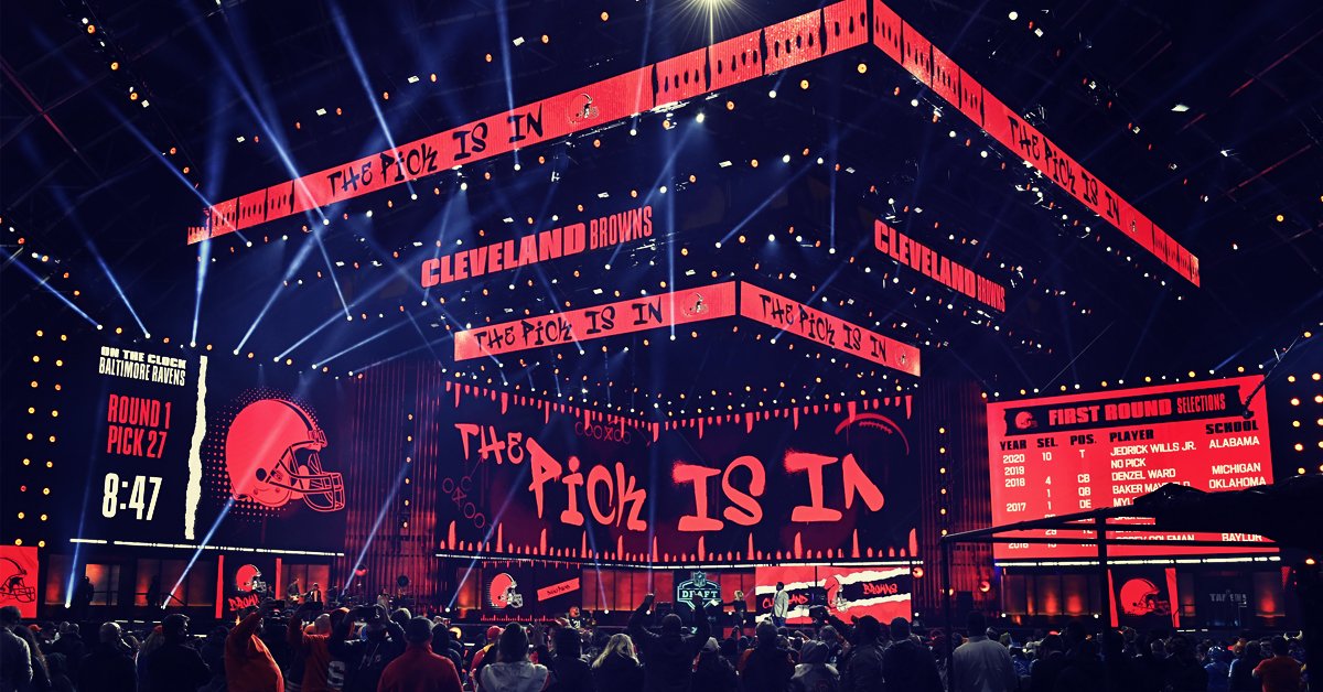 CLESports's tweet photo. Cleveland ROCKED the clock on Night 1 of the #NFLDraft. The energy in #TheLand was absolutely electric. Who's ready for Days 2+ 3!? 🏈💥

📸: @AP_Images #ThisisCLE #RocktheClock https://t.co/mQjXNGvhjZ