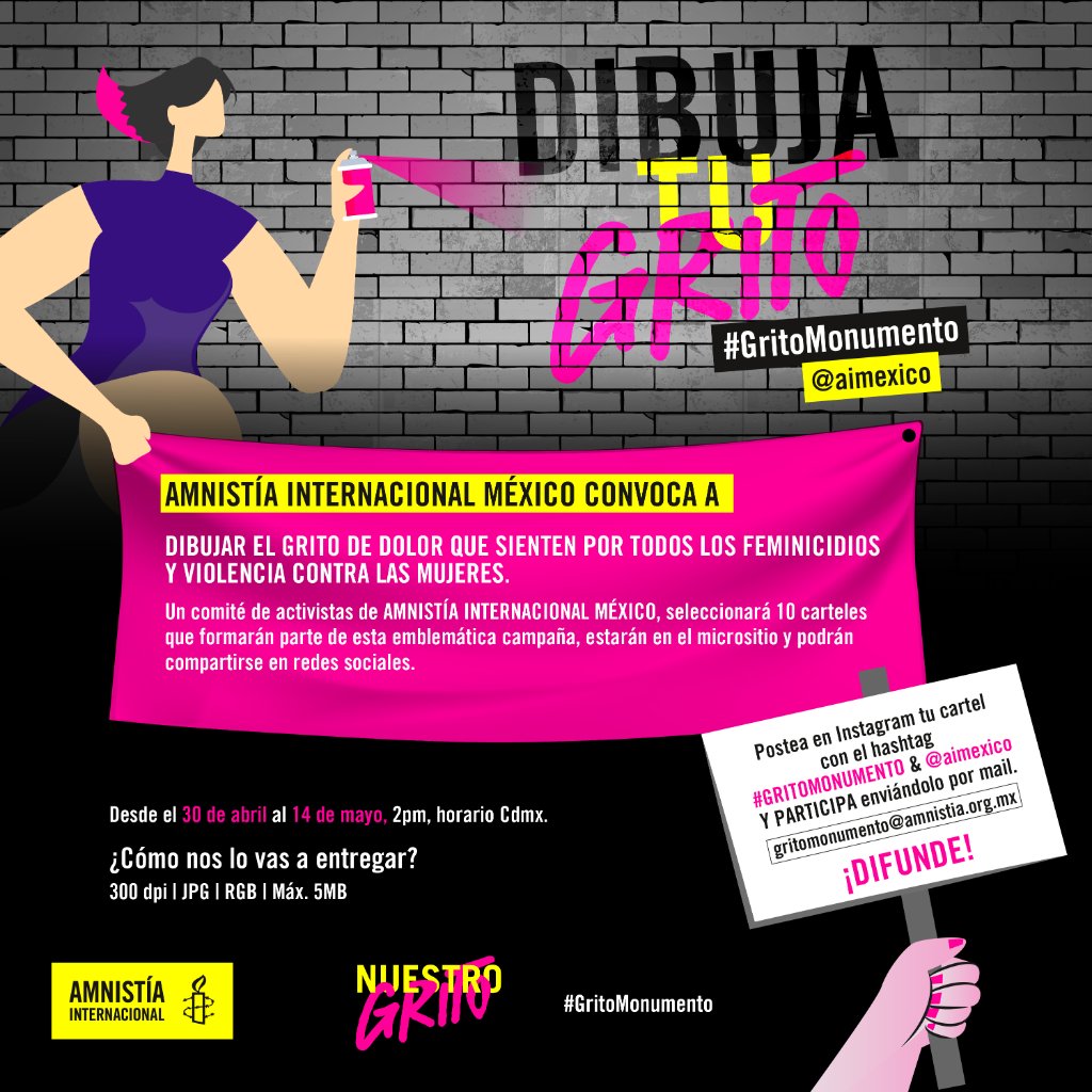 amnistiamexico's tweet photo. 📢 ¡Hoy lanzamos la convocatoria "Dibuja tu Grito"! 🎨🖌️
1. Dibuja cómo te hacen sentir los feminicidios y las violencias contra las mujeres.
2. Postéalo en Instagram usando #GritoMonumento y etiqueta a @aimexico.
3. Envíanos tu cartel por mail. 📩 https://t.co/UUIRGoBS8R