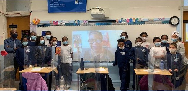 The coolest thing on Zoom this week: Author and #Newberry #CorettaScottKing #NationalBookAward honoree <a href="/OneCrazyRita/">Rita Williams-Garcia</a> popped into <a href="/StMarkHarlem/">Saint Mark the Evangelist School</a>! Great to have her back. Thanks to librarian and our own resident poet <a href="/artbydellis/">artbydellis</a> for making the fun happen.
