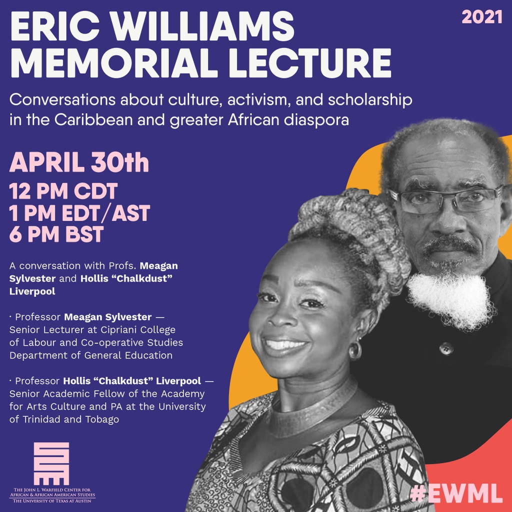 Warfield_UT's tweet photo. Our last #EWML conversation, "Calypso as an Art Form of Resistance," between noted calypsonian Hollis "Chalkdust" Liverpool &amp; Dr. Meagan Sylvester @TTMusicSista, is now live on YouTube!

Watch here: https://t.co/eUqZi1MMef https://t.co/iJHGPp6EPd