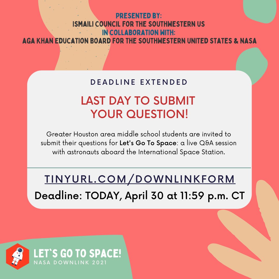 akebsw's tweet image. 💥Deadline Extended! Ask your question TODAY💥

Want to pick an astronaut's brain? Here's your chance! 

🚀 All questions and required information must be submitted by 11:59 p.m. CT TONIGHT at: tinyurl.com/downlinkform 

#LetsGoToSpace #NASADownlink2021 #AKEBSouthwest