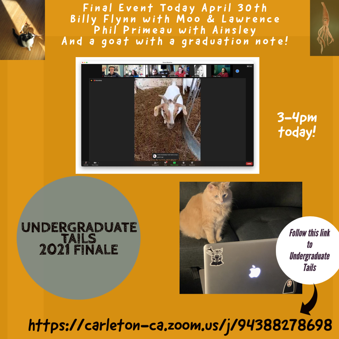 CUSocAnth's tweet image. Today is the final "Undergraduate Tails" event and features a special guest. Drop in and join the @DepartmentPod's William Flynn and Phil Primeau today between 3-4PM over Zoom.🐐Details: carleton.ca/socanth/cu-eve…